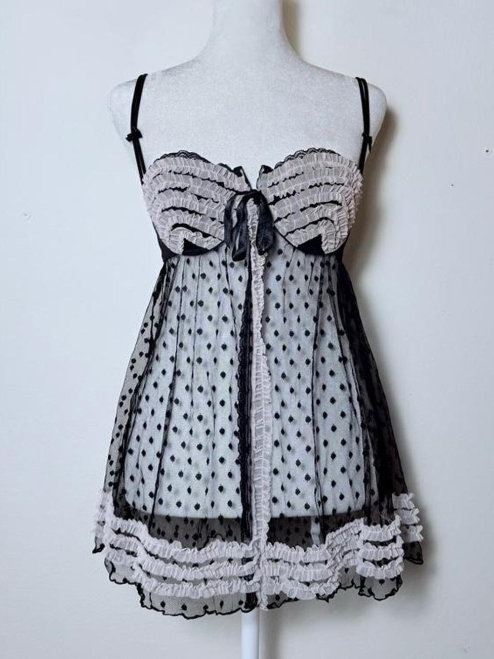 Victoriaās Secret Sheer Black and Cream Polka Dot Babydoll Chemise